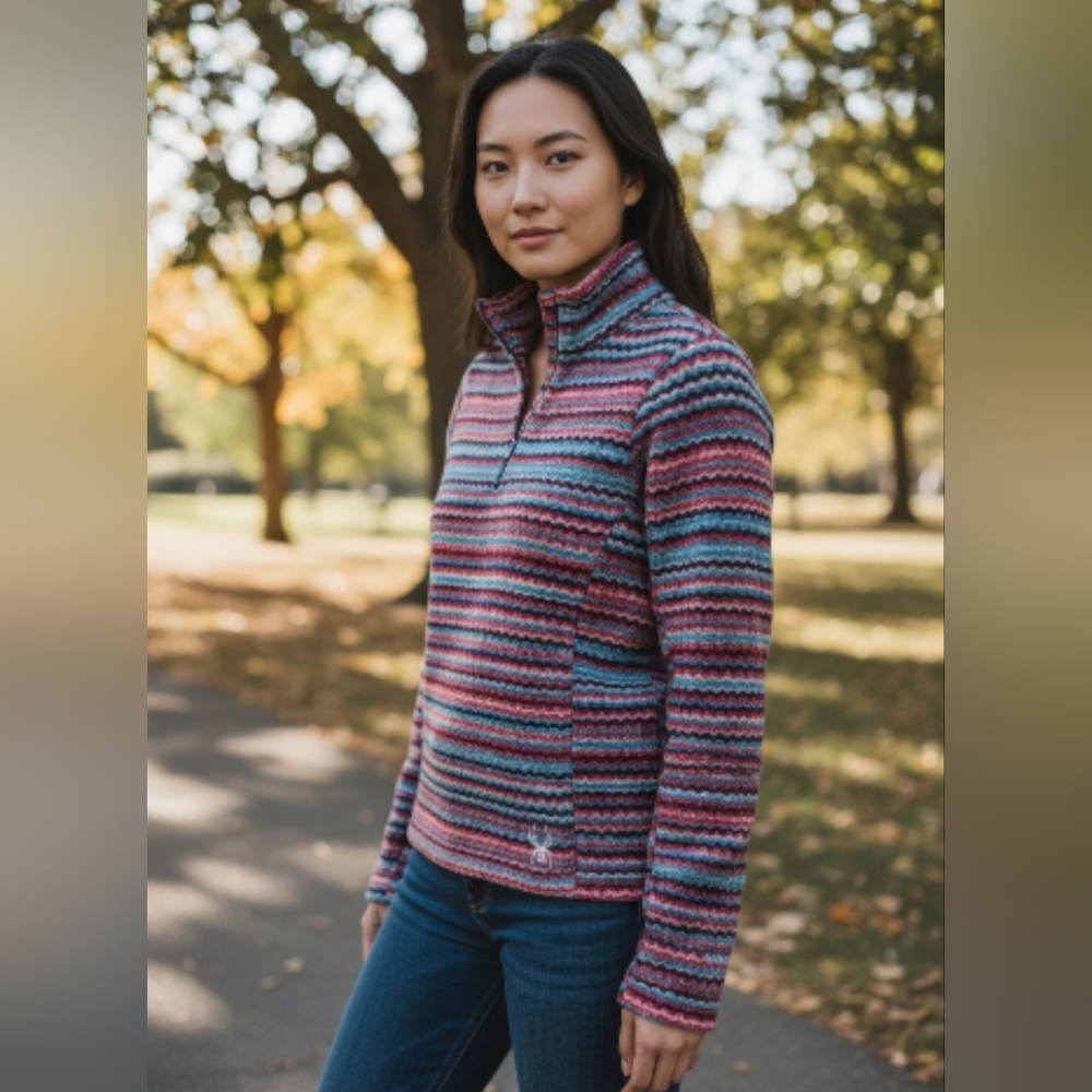 Spyder Pullover DH Sweater Womens 8 Blue Multi Zig Zag Stripe Quarter Zip Fleece